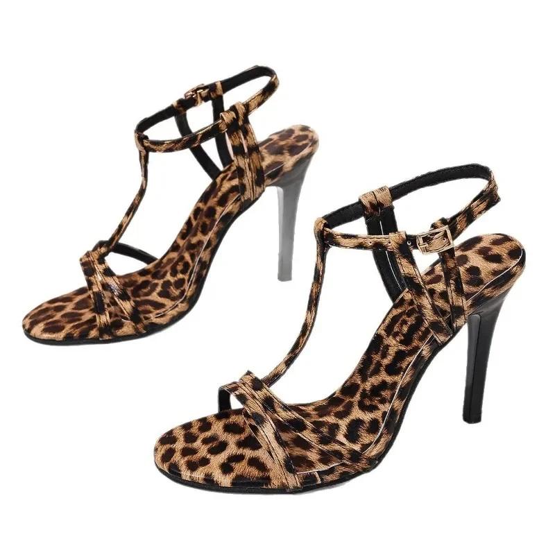 Fashion 2025 summer new round toe exposed toe temperament leopard print high heels for women,slim heels,sexy plus size sandals for women