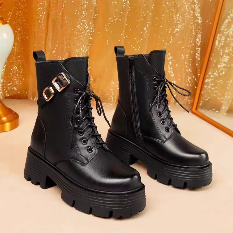 British winter velvet cotton Martin boots women's rivets medium tube high heel locomotive short boots knight thick heel fashion boots
