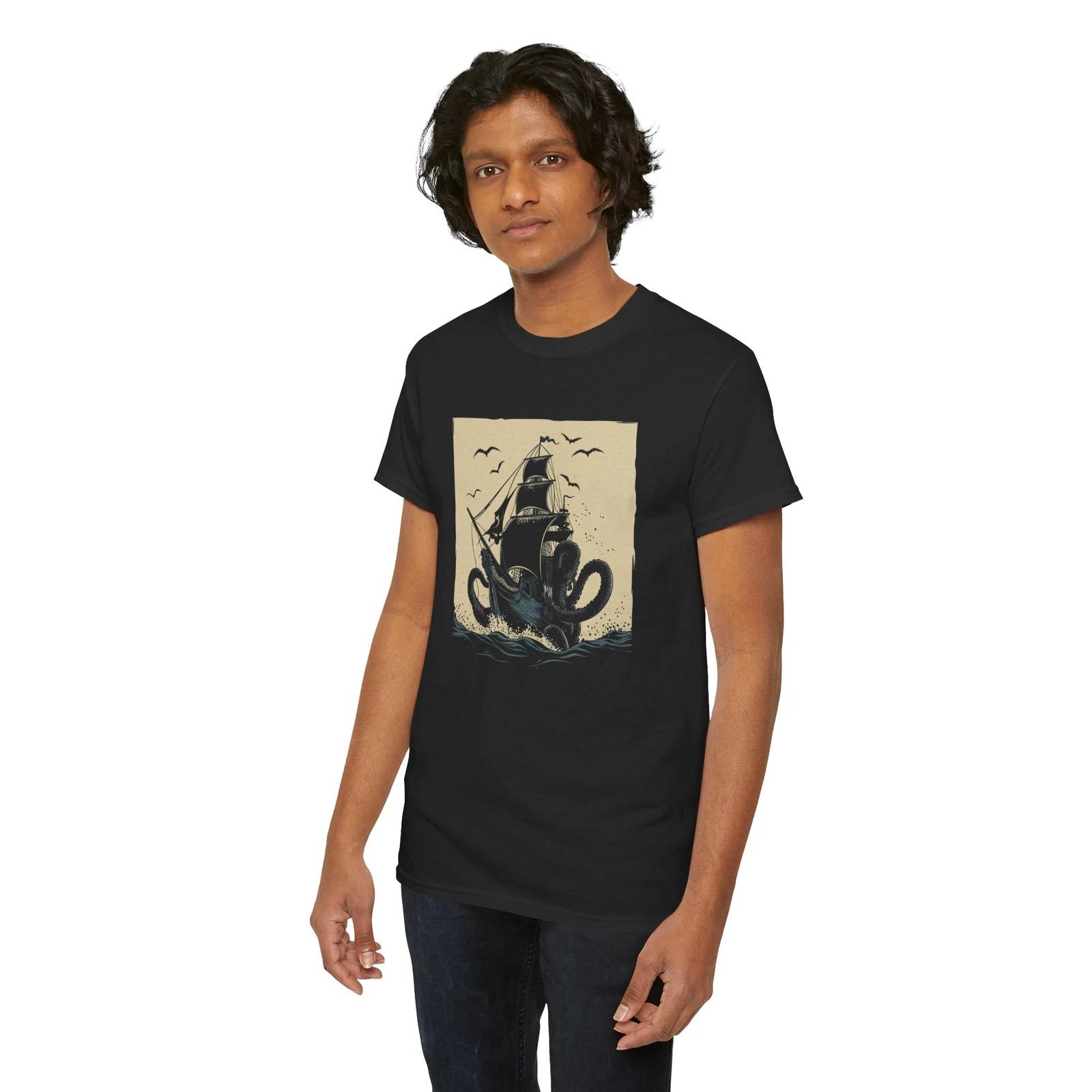 Pirate Ship Kraken Tentacles Cryptozoology T-Shirt | Cryptid Hunter Shirt 2XL