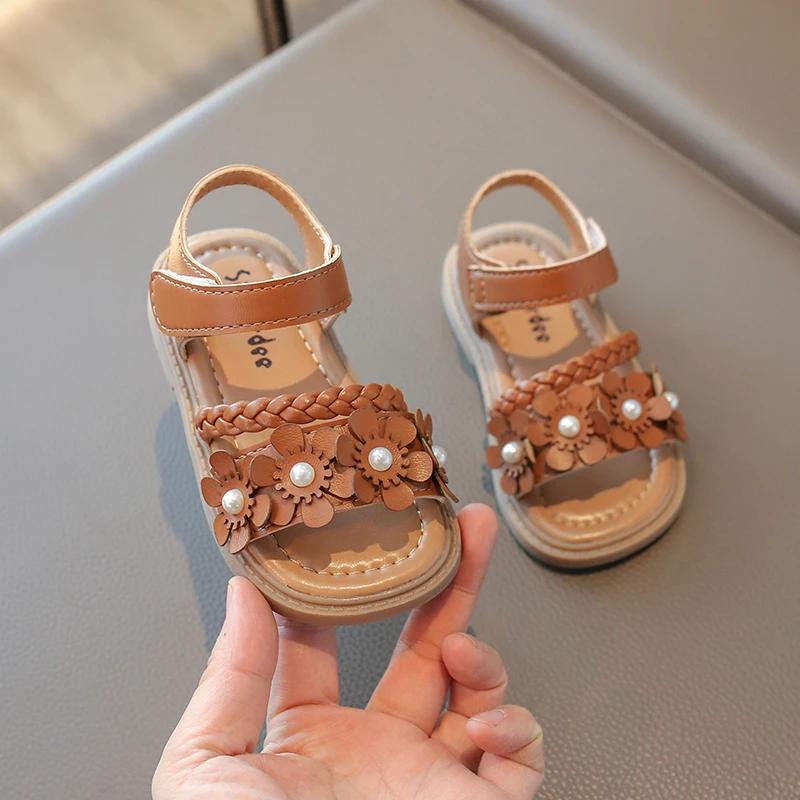 Girls Weave Sandals with Flowers 2025 Brand New Fashion Kids Floral Summer Beach Shoes Open Toes Anti-skid Soft Princess Sweet