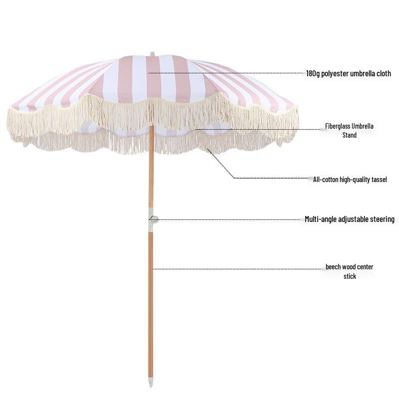 European Style Rotatable Patio Umbrella with Tassel Edge - Wooden Pole and Sunshade for Garden, Beach, Pool, and Terrace