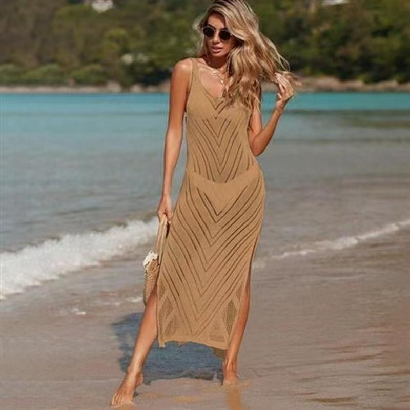 

Летний женский сексуальный прозрачный вязаный свитер с вырезами, длинный миди, пляжный праздничный пуловер-платье One Size хаки