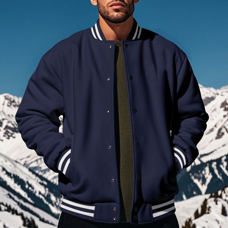 

Мужская бейсбольная куртка осень-зима флисовая американская однотонная свободная повседневная куртка с воротником-стойкой однобортная летная куртка 2XL тёмно-синий