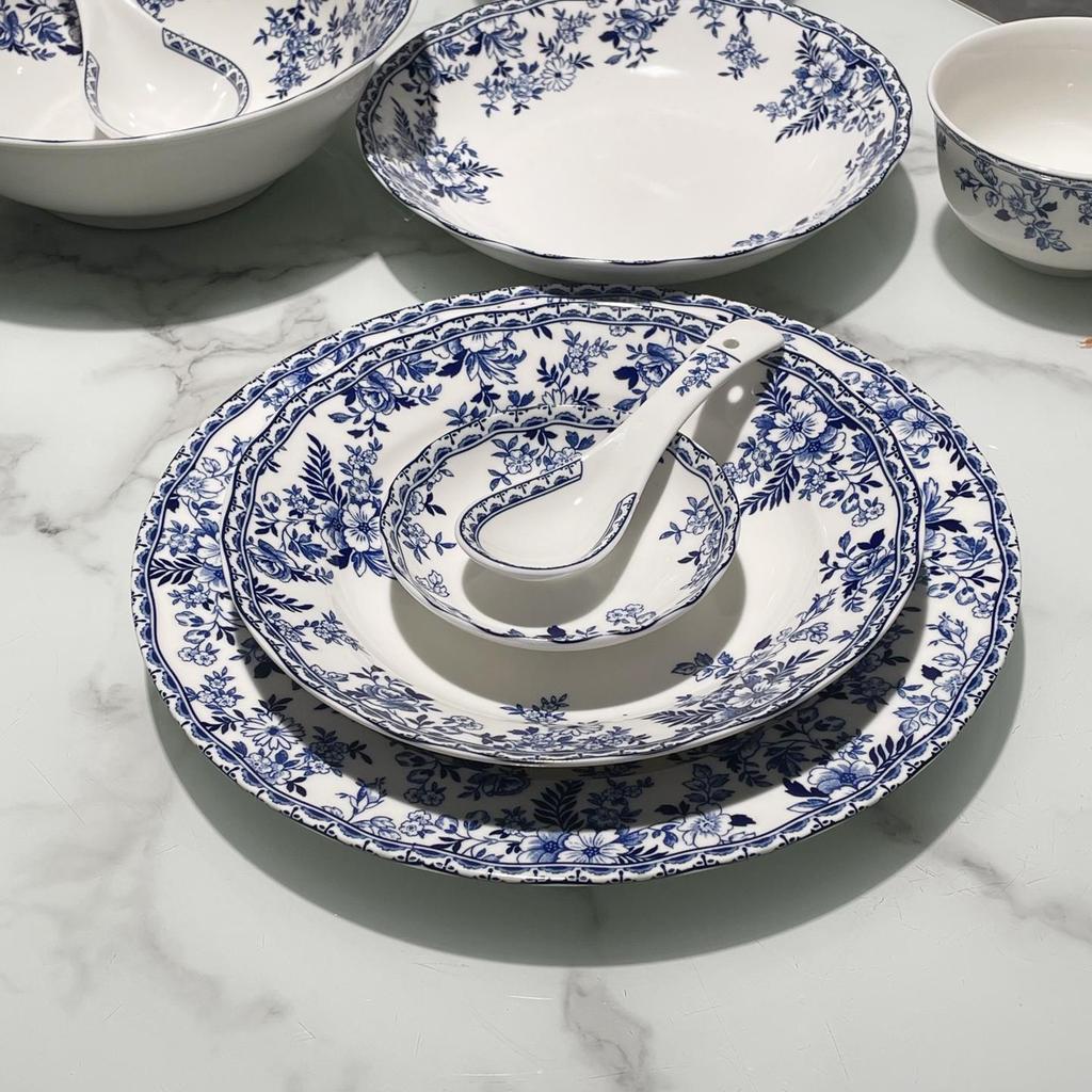 Blue and White Porcelain Pastoral Style Large Noodle Bowl, Microwave-Safe Ceramic Vegetable Dish, Underglaze Tableware