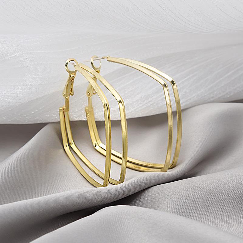 Silver Needle Double Layer Geometric Hoop & Square Ear Cuffs - Versatile European & American Fashion Rhombus Earrings