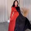 2024 Autumn/Winter Women's European Retro Color Block Slimming Long Sleeve Evening Dress