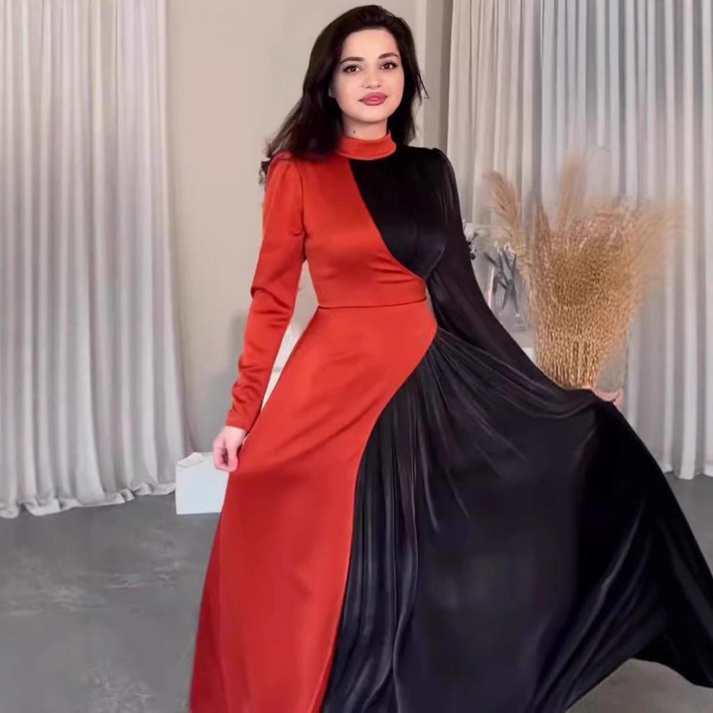 2024 Autumn/Winter Women's European Retro Color Block Slimming Long Sleeve Evening Dress