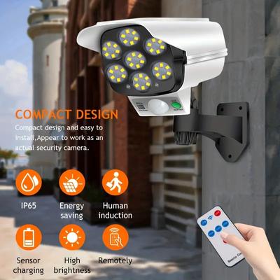 Câmera de Segurança Falsa Led 77 com Luz Solar e Sensor de Movimento, Holofote Sem Fio para Exterior, Lâmpada Impermeável IP65, 3 Modos para Jardim de Casa