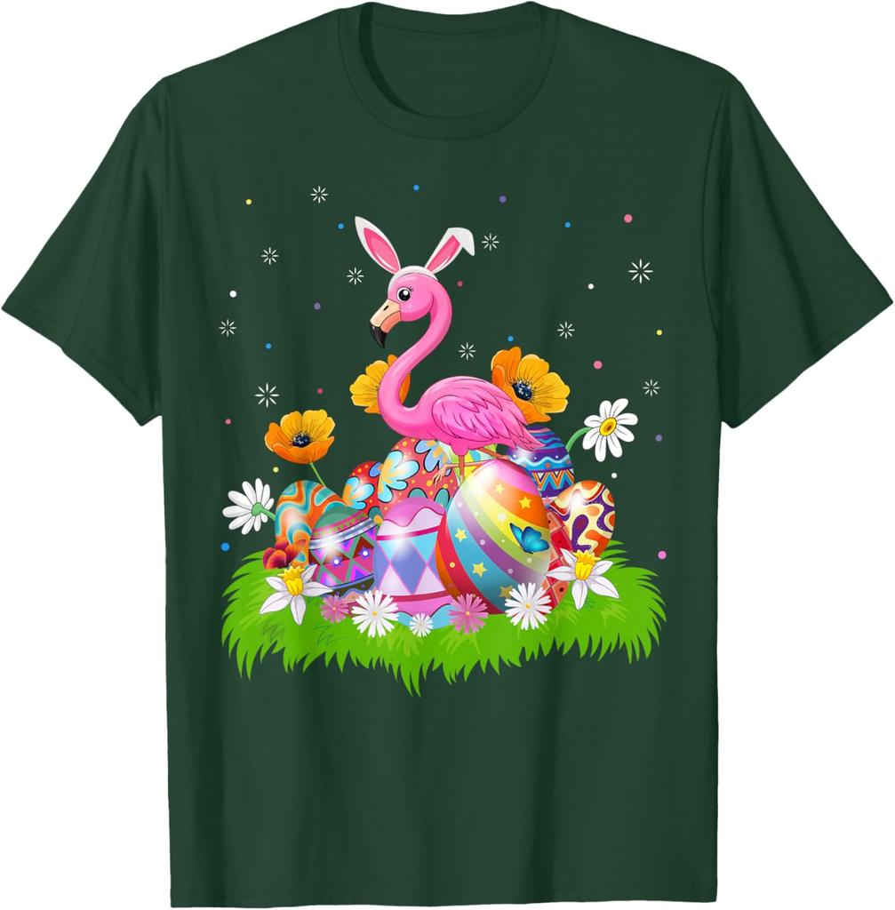 Flamingo Easter Bunny Ears Eggs Graphic Tee Cotton Casual Short Sleeve T-Shirt