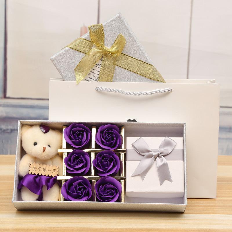 6pcs Romantic Rose Bear with Gift Box Soap Flower Heads Artificial Flowers Bathing Petals Box For Valentine's Day Wedding Gift