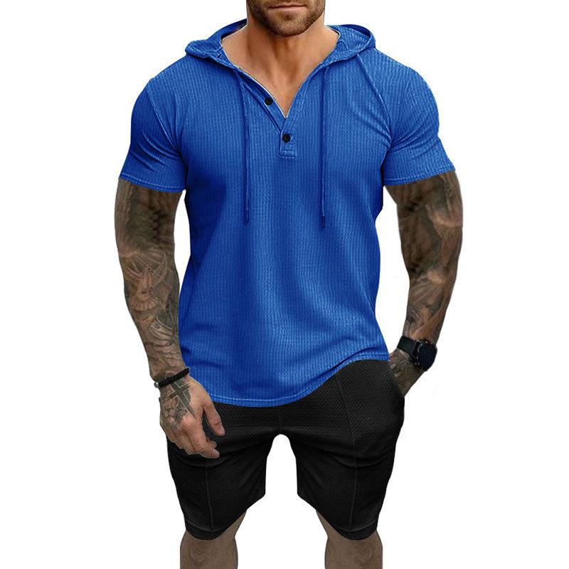 2025 Men's Summer Casual Set: Short Sleeve Henley T-shirt, Hooded Shirt & Shorts
