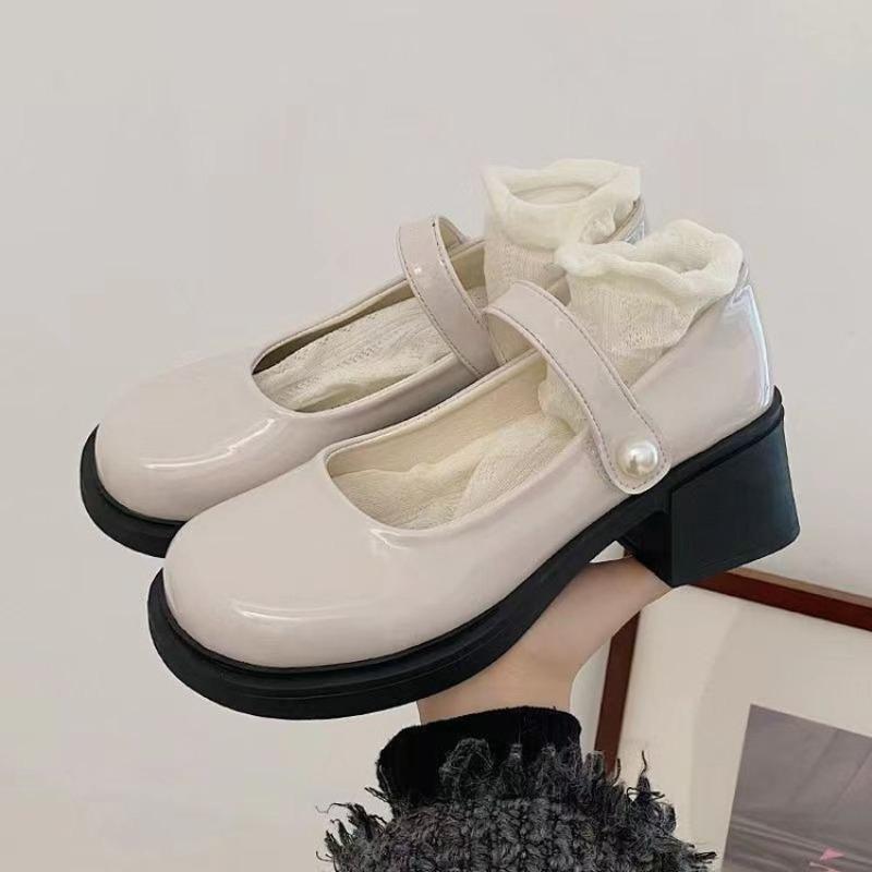 

Thick-heeled single shoes women s autumn new pearl Mary Jane medium-heeled small leather shoes retro shallow high heels 40