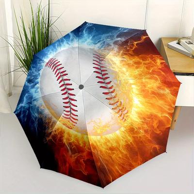 Baseball, Fire_and_Ice Automatic Folding Umbrella  Simple Eight Rib Design, Bright Color Pattern, Durable Iron Frame, Ideal for Travel and O