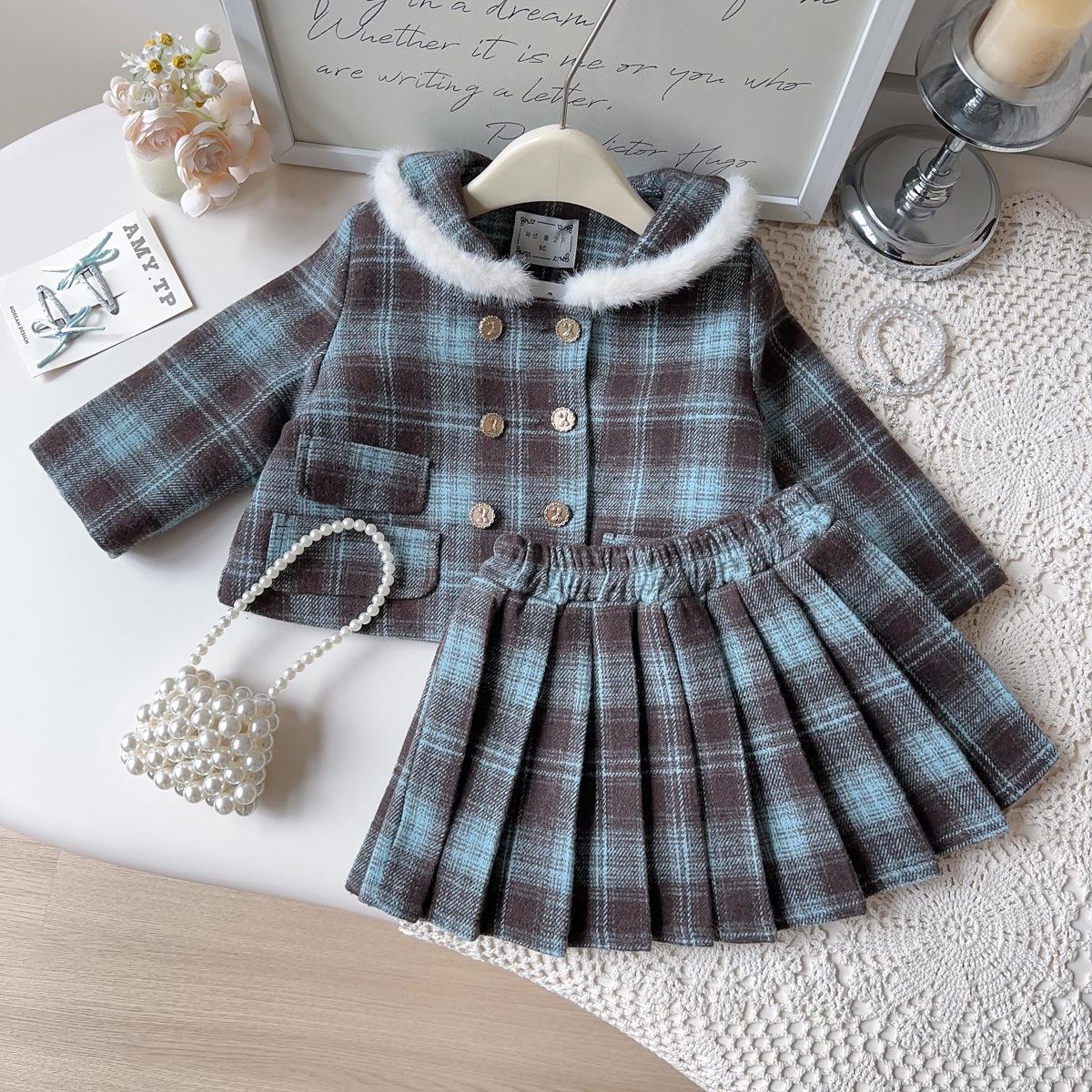 Girls  Preppy Winter Coat & Pleated Skirt Set Size 100 синий