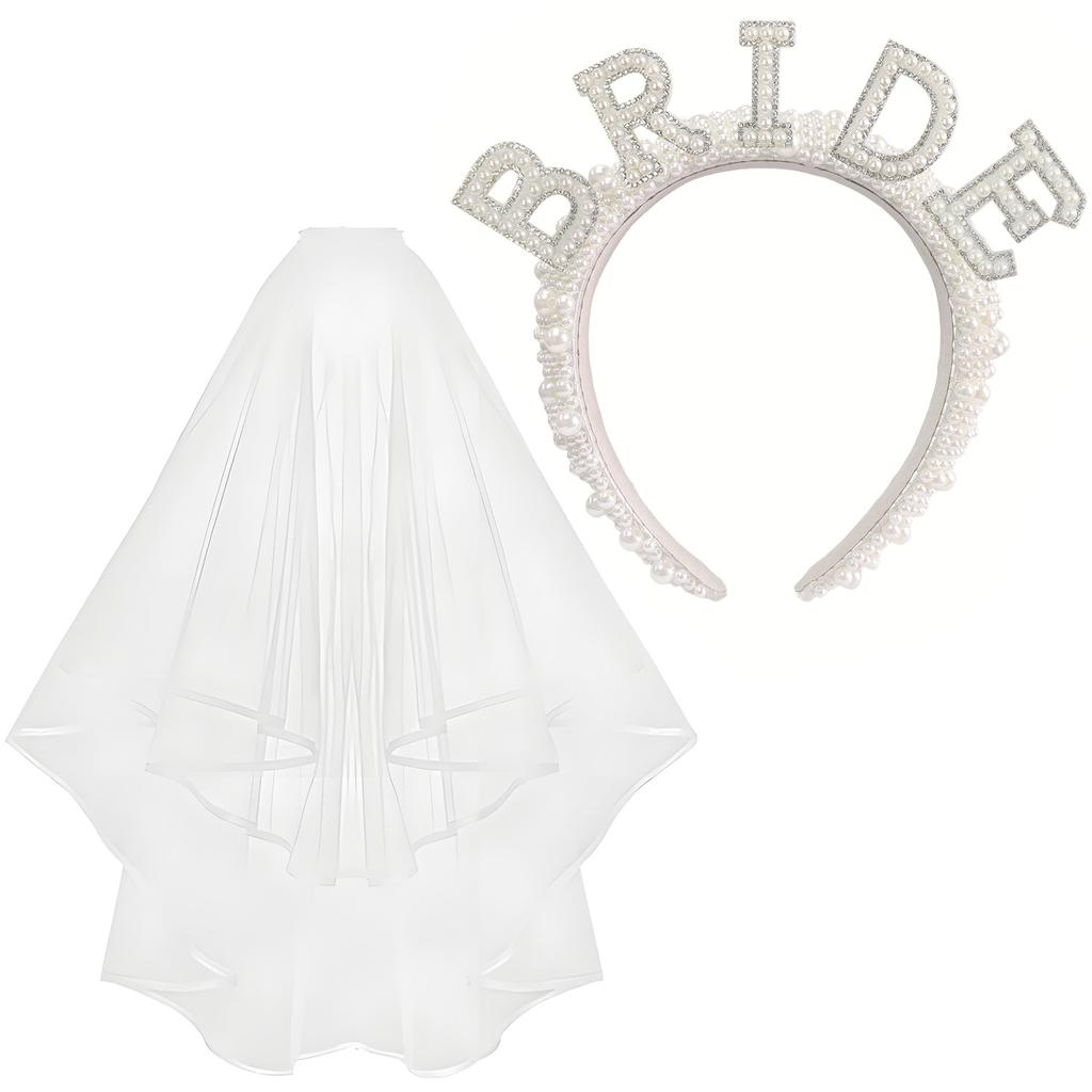 2026 Fashion Bride Bachelor Party, Bride Pearl Crystal Shoulder Strap Veil Headband Ribbon