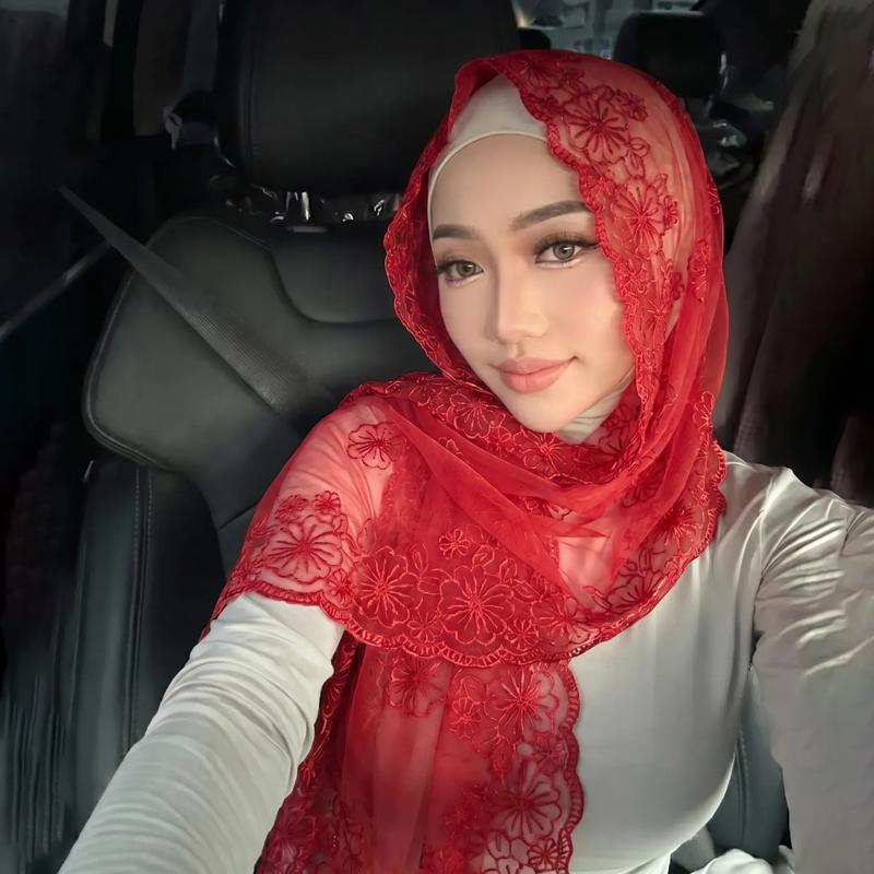 Lace Embroidery Muslim Hijab Women Chiffon Scarf Sheer Floral Headscarf Islamic Head Wrap Bandana Daily Prayer Head Accessory