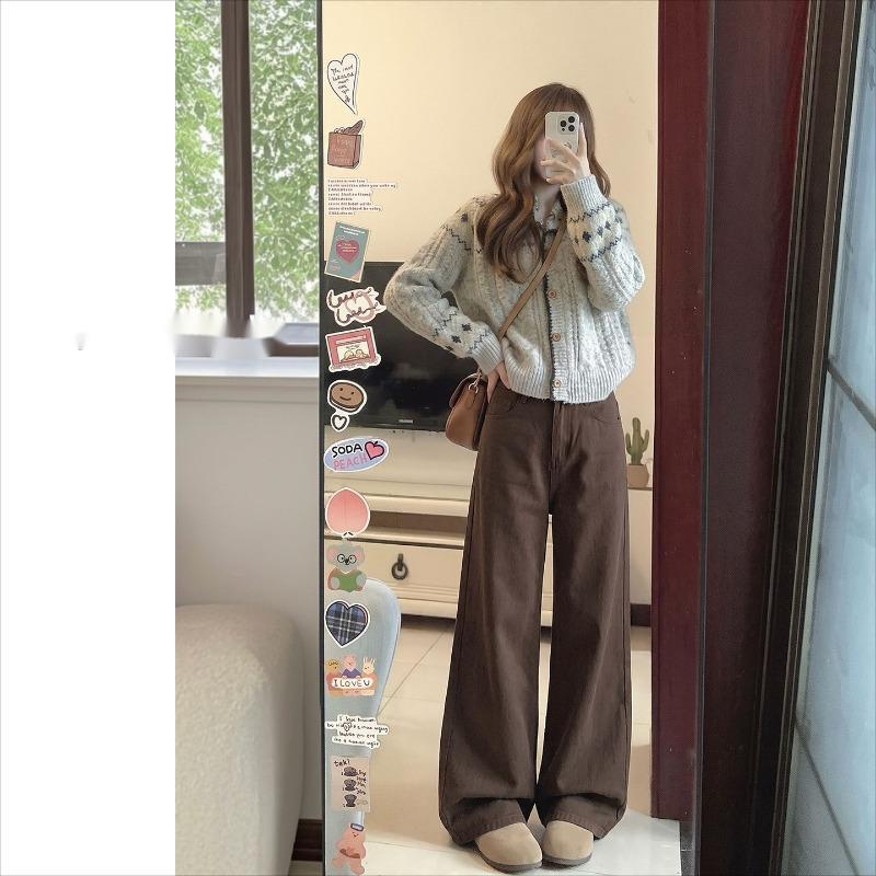 Coffee Straight Jeans Women's, New Autumn High-waisted Straight Pants Wide-leg Loose and Thin Pants Women's