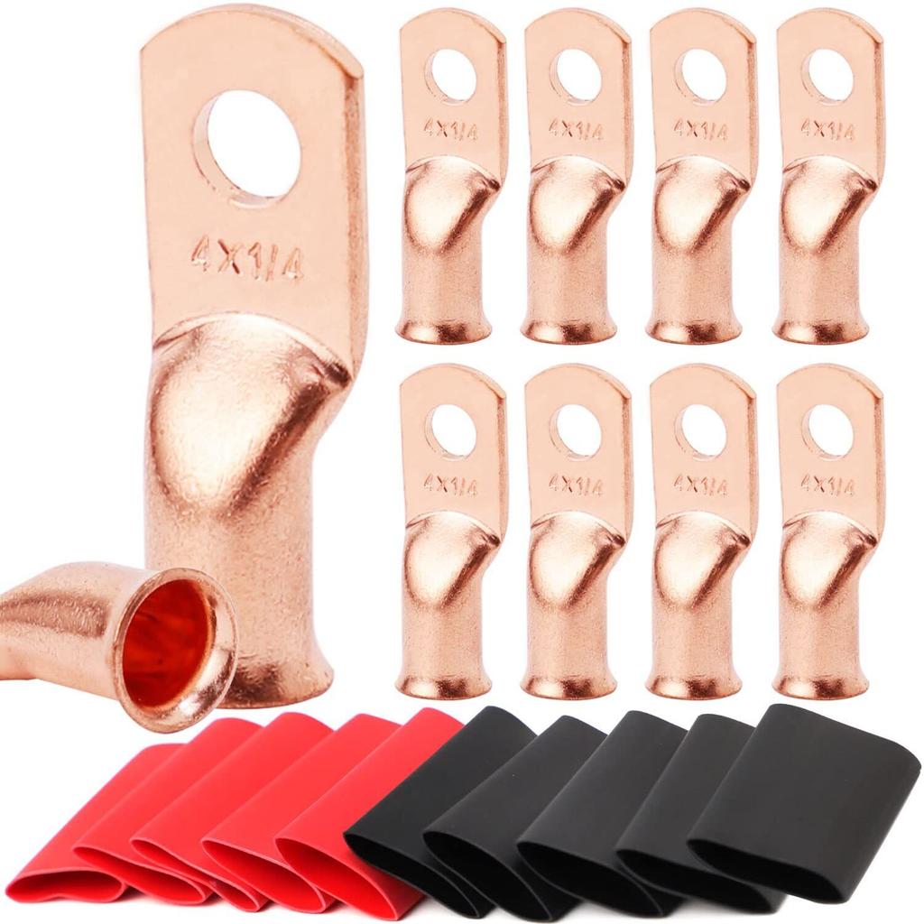 20pcs Copper Terminal Connectors, AWG 1/0 2/0 2 4 6 8 Ring Lug Kit With Shrink Tubing & Battery Cable Lugs