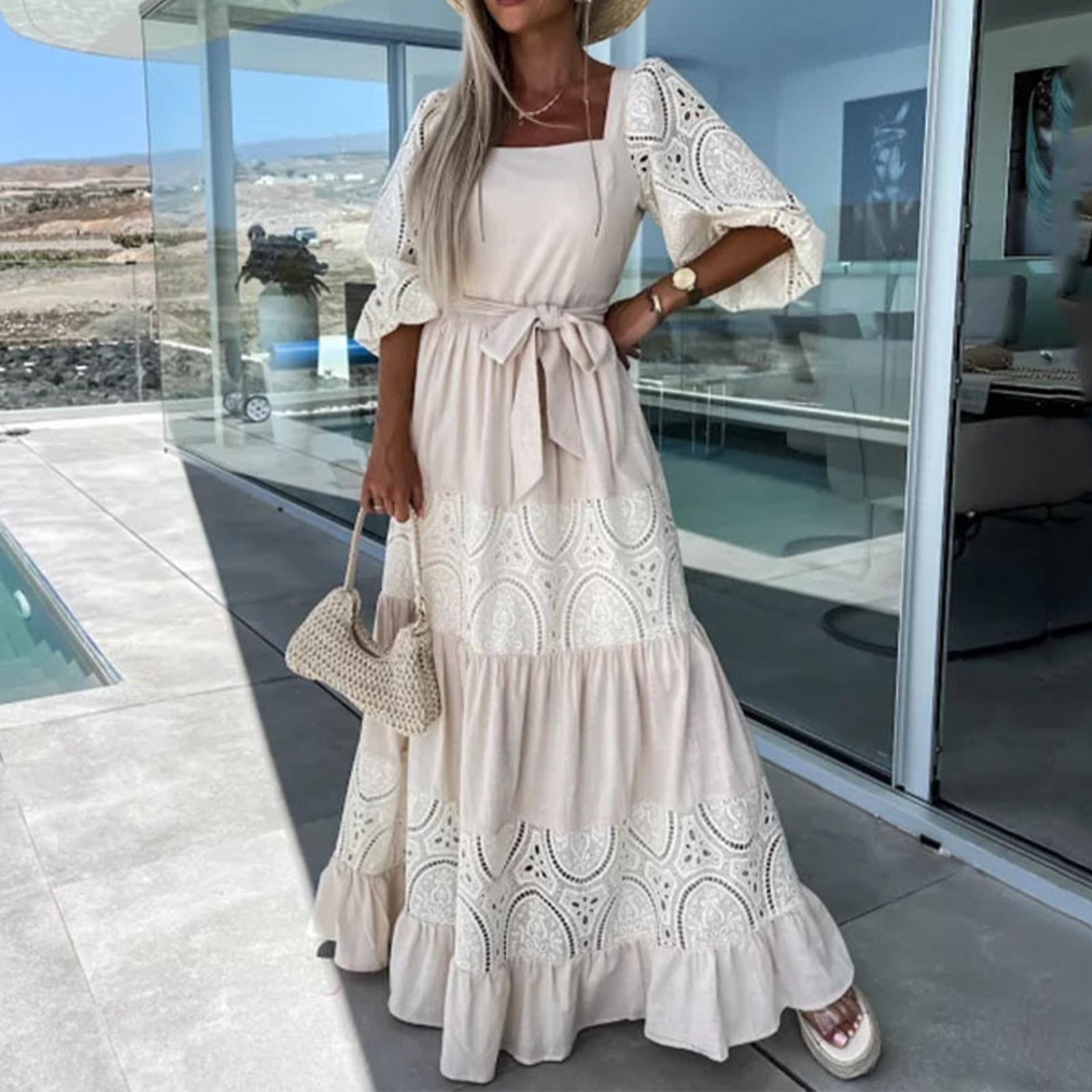 

Женские модные повседневные платья со свободной талией и цветочным принтом со средним рукавом L бежевый