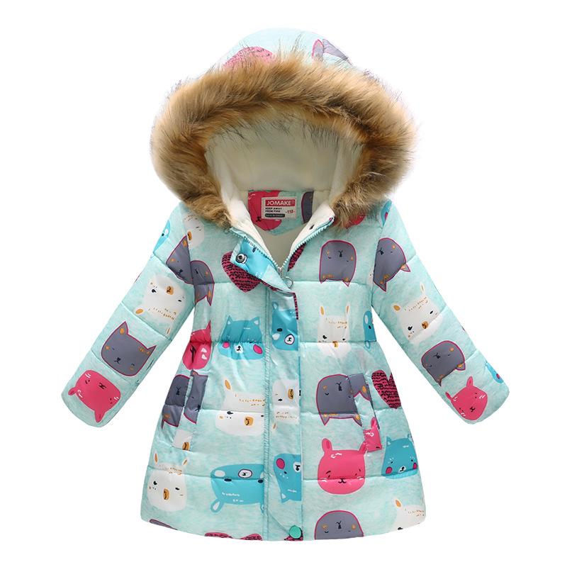 Autumn and Winter Children's Cotton Jacket Boys and Girls Fashion Printing Cartoon Big Boy Long Section Hair Collar Hooded Cotton Coat Jacket