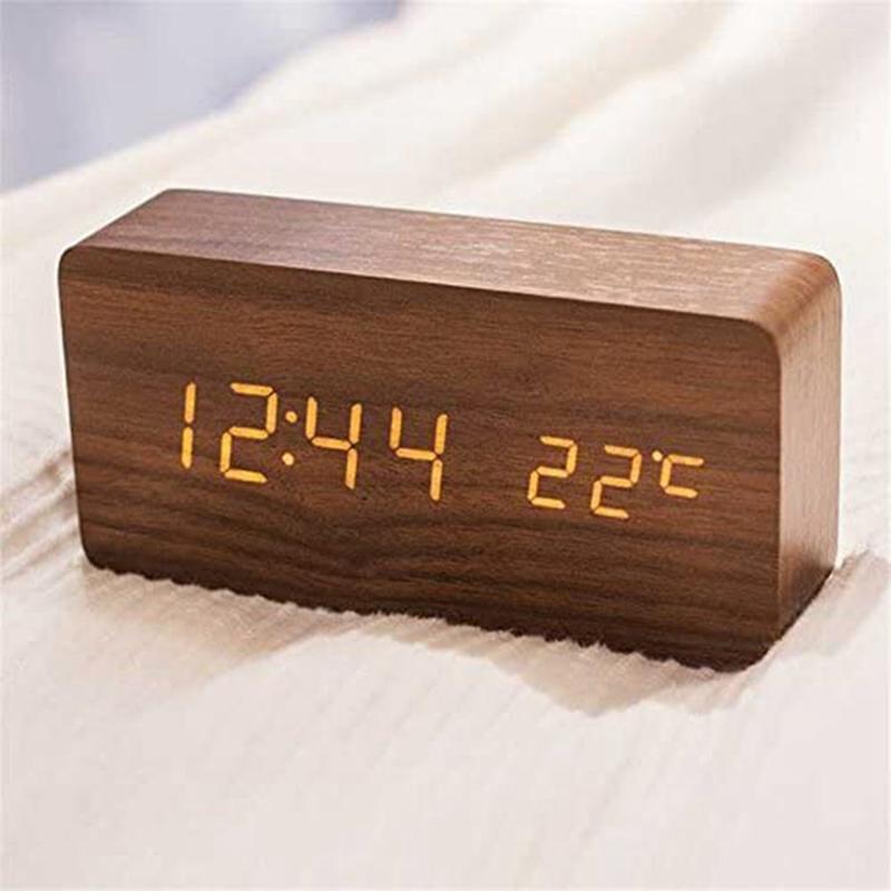 Creative Fashion Digital Alarm Clock with Indoor Temperature and Humidity Digital Wood Table Clock Wooden Desk Alarm Clock