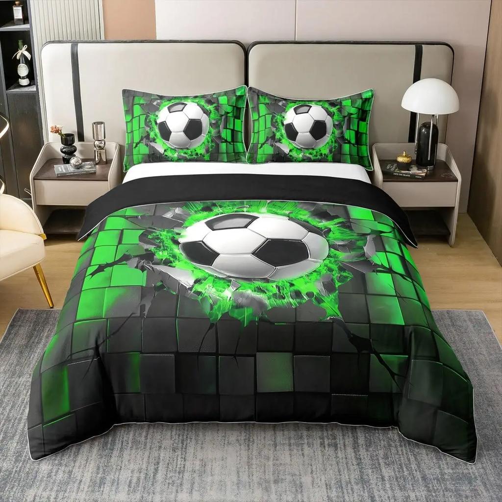 Colorful Football Single Duvet Cover Set, Sport Theme Cartoon Football Bedding Set with Pillowcases 75*50cm, Gift for Boys Girls