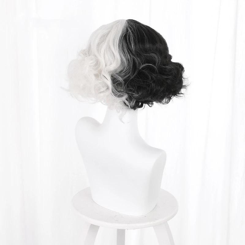 Cruella De Vil Kuila Half Black Half A Hundred Small Short Curly Cos Synthetic Wig Caps for Making Wigs Danganronpa