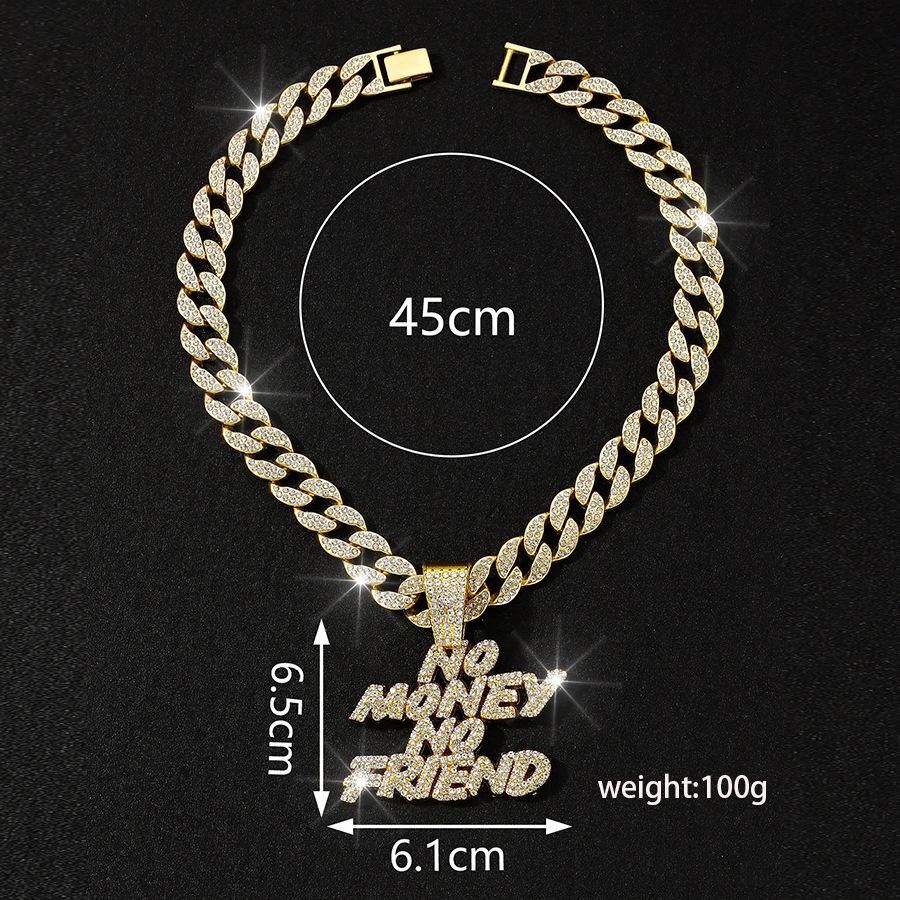 European and American New Product Full Diamond Letter NO MONEY NO FAIEND Hip Hop Personalized Alloy Pendant Cuban Chain