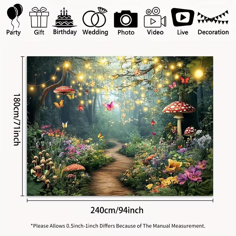 2D Printed Enchanted Fairy Forest Backdrop, Glowing Firefly & Mushroom Path Photo Background for Studio