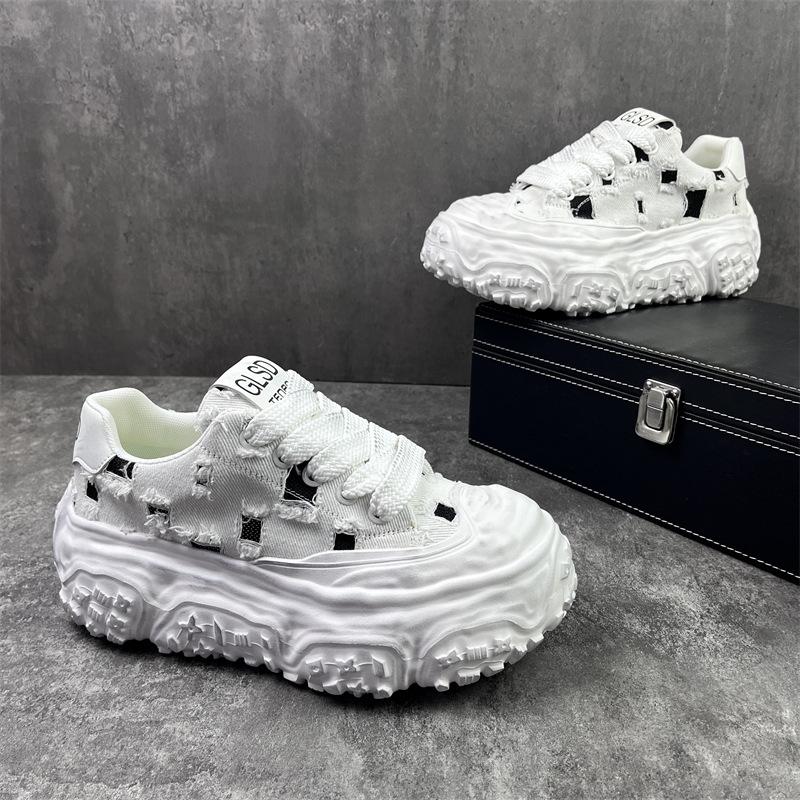 Letnie nowe wygodne i oddychające buty sportowe na grubej podeszwie z postrzępionego materiału codzienne buty typu "dad shoes" gl