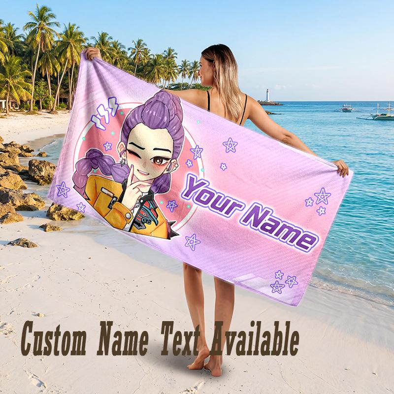 Kpop Demon Hunters Design Beach Towel Custom Text Large Towel for Beach Vacation