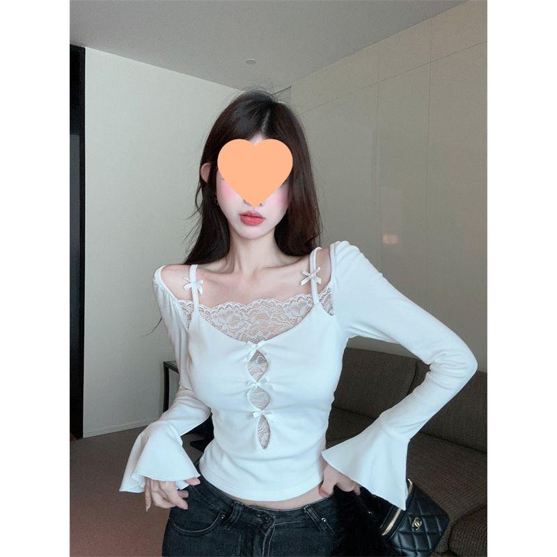 Lace Patchwork Long Sleeve Slim Fit T-shirt - Trendy Autumn/Winter Women's Fashion