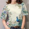 Peacock Print Women's T-Shirt Hawaiian Resort Style Crew Neck Pullover Top Retro Women's Shirt Short Sleeve