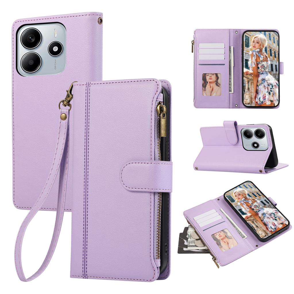 For Xiaomi Redmi Note 14 4G (163.25mm) Case Multi Card Slots Zipper Leather Phone Cover with Wrist Strap - Purple