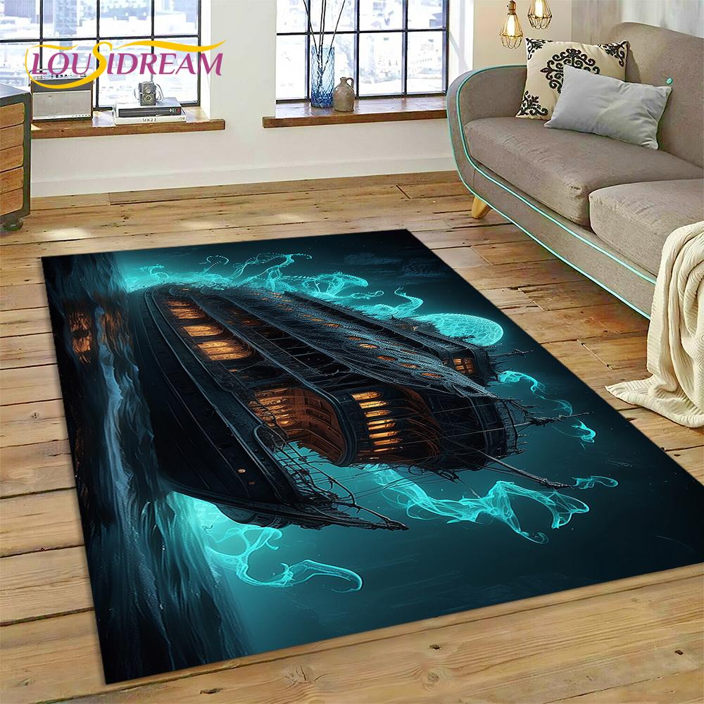 Antikes Piratenschiff Boot, Barke, Segelboot Teppich für Wohnzimmer Schlafzimmer Dekoration, Bodenteppich Rutschfeste Dekoration für Sofa Fußmatte