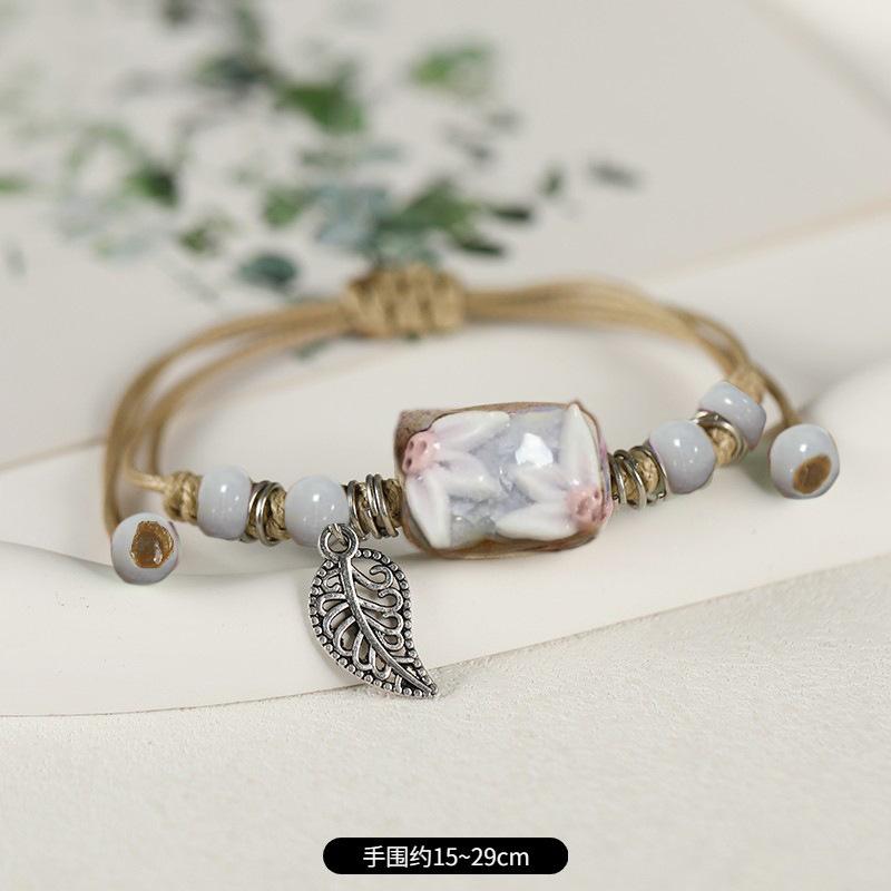 Retro Stone Flower Bracelet Female Jingdezhen Handmade Jewelry Woven Ceramic Pinched Flower Bracelet