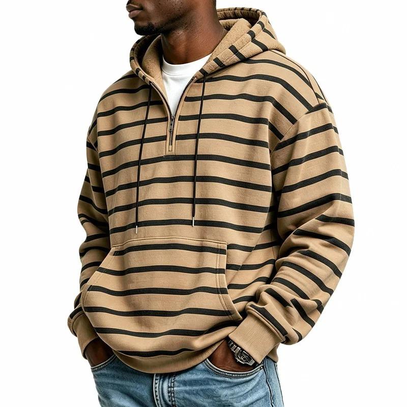 Men S Striped Half Zip Hoodie Long Sleeve Casual Loose Fit Kangaroo Pocket Sweatshirt