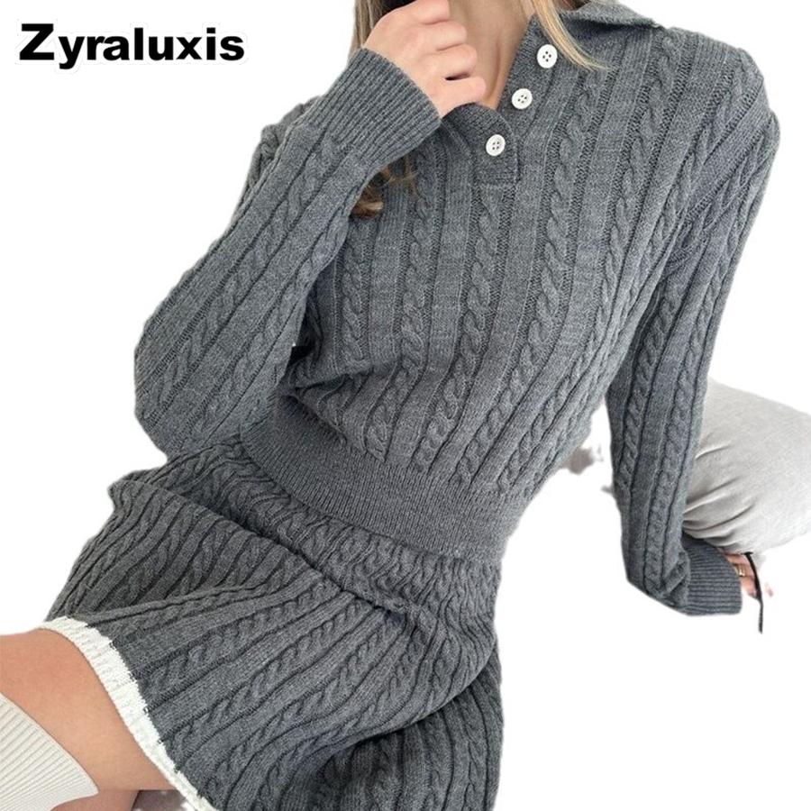 New Style Casual Dress Set Long Sleeve Knit Buttoned Sweater Short Skirt Two Piece Outfit for Women