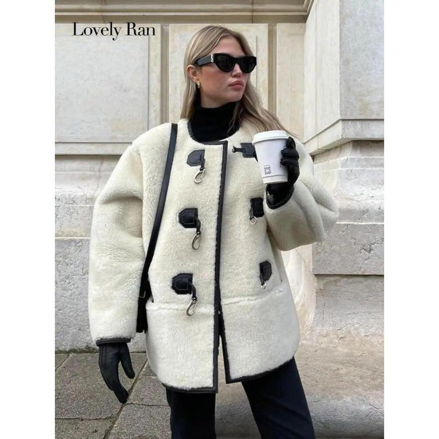 Fur Winter Thick Jackets For Women Elegant Long Sleeve Single Button Female Coat Flecce O-neck Casual Lady Panelled Overcoat