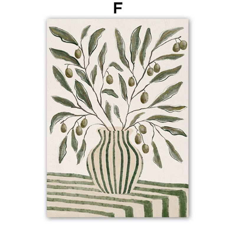 Striped Girl Vase Leaf Flower Coffee Abstract Posters & Prints Wall Art Canvas Painting Hotel Bar Pictures For Living Room Decor