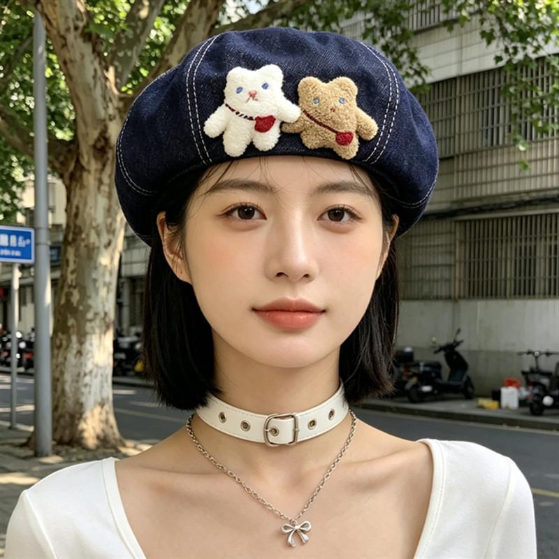 Bear Denim Beret Hat With Adjustable Fit For Casual Women Summer Style