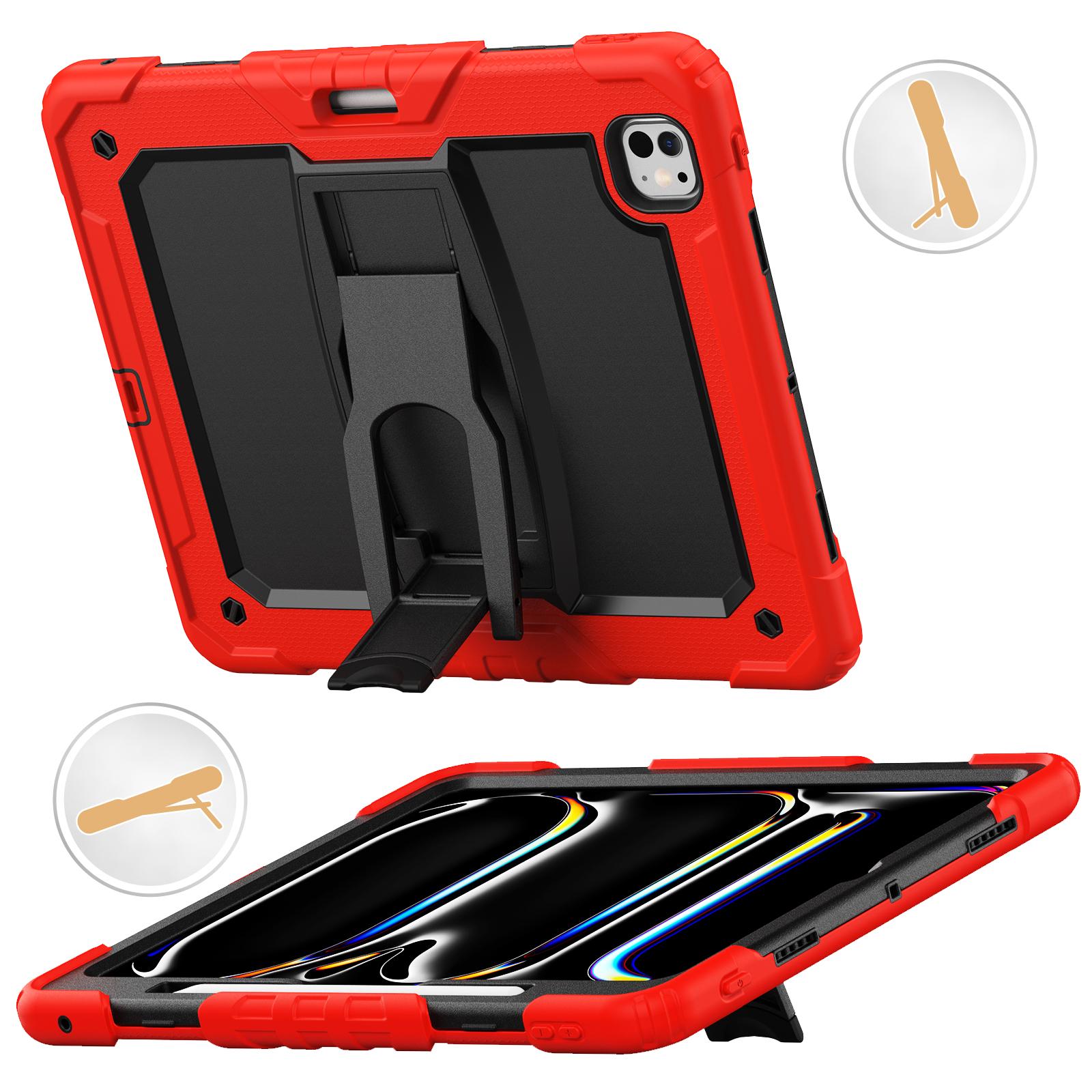 

For iPad Pro 13 (2024) Kickstand Case PC+Silicone Tablet Cover with Pen Slot/Shoulder Strap Red