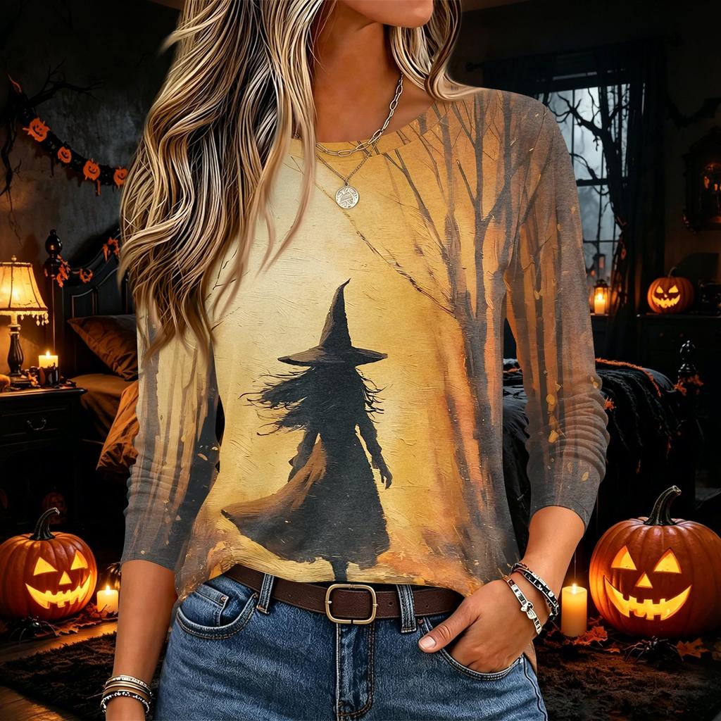 Women's Halloween Print Long Sleeve Neck Pullover Top
