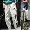 Men Cargo Pants Side Pockets Stretchy Waist Drawstring Strap Decor Ankle-banded Jogger Pants Daily Clothes