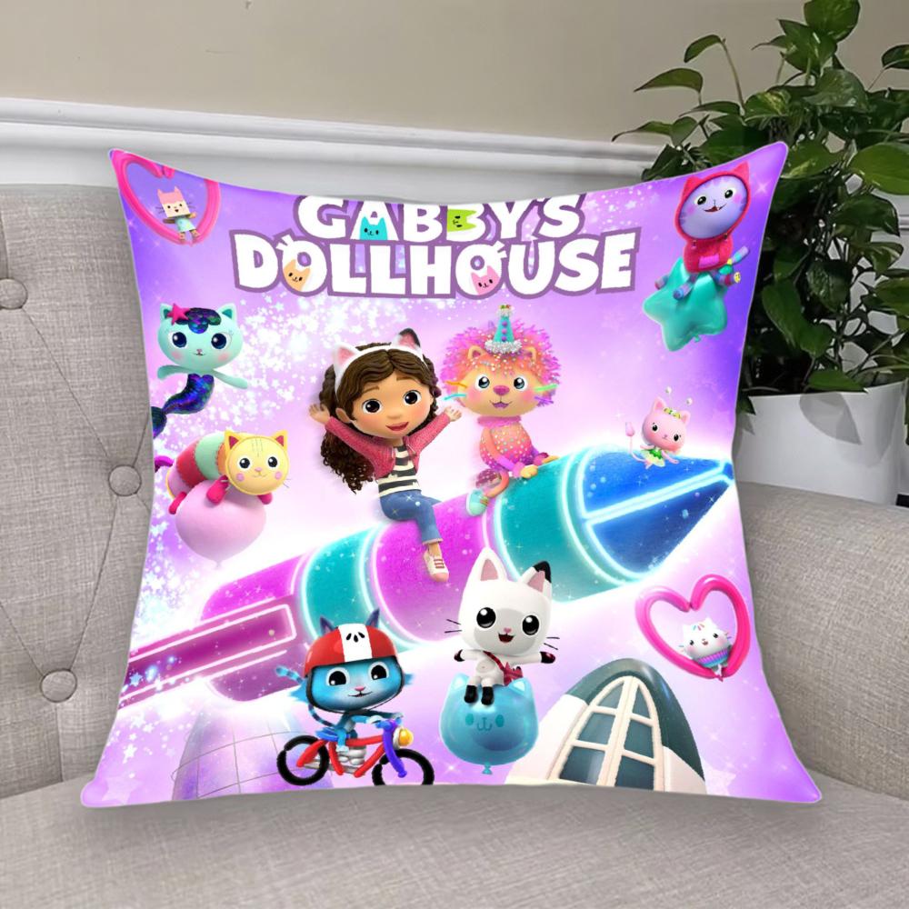 Cartoon Anime Gabby Dollhouse Short Plush Cushion Cover Pillow Case Double-Sided Printing Zipper Closure Sofa Party Home Decor