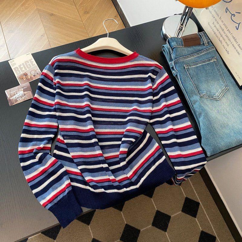 Contrasting Color Retro Striped Loose Thin Round Neck Long-sleeved Knitted T-shirt Small Shirt Women's Loose Casual Top