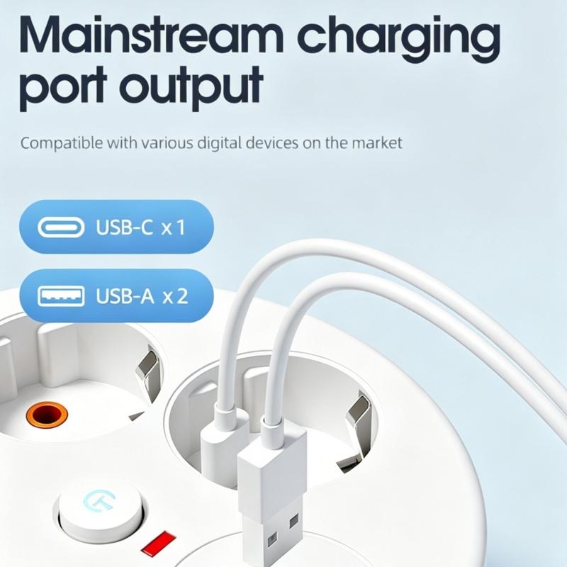 Power Extension Block Intelligent Design 4 Outlet 3 USB Charging Port 280Cm Adjustable Length Cable with Protections