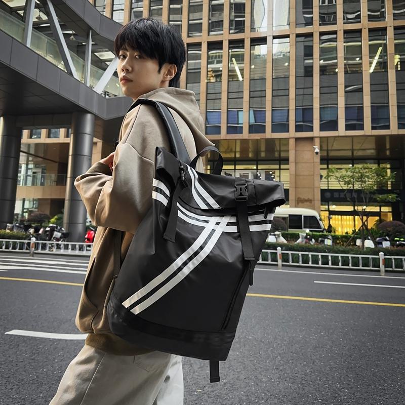Striped Patchwork Roll-Up Backpack Men Outdoor Fitness Training Sports Bag Student School Bag