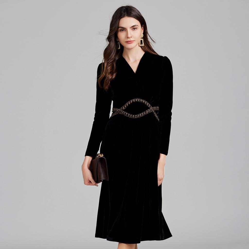 Podzim Zima Dámské Vintage Černé Korálkové Řetízkové Sametové Společenské Šaty