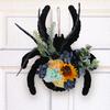 Halloween Spider Wreath for Front Door Wooden Black Spider Shaped Door Sign with Artificial Flowers for Indoor Outdoor Wall Decor